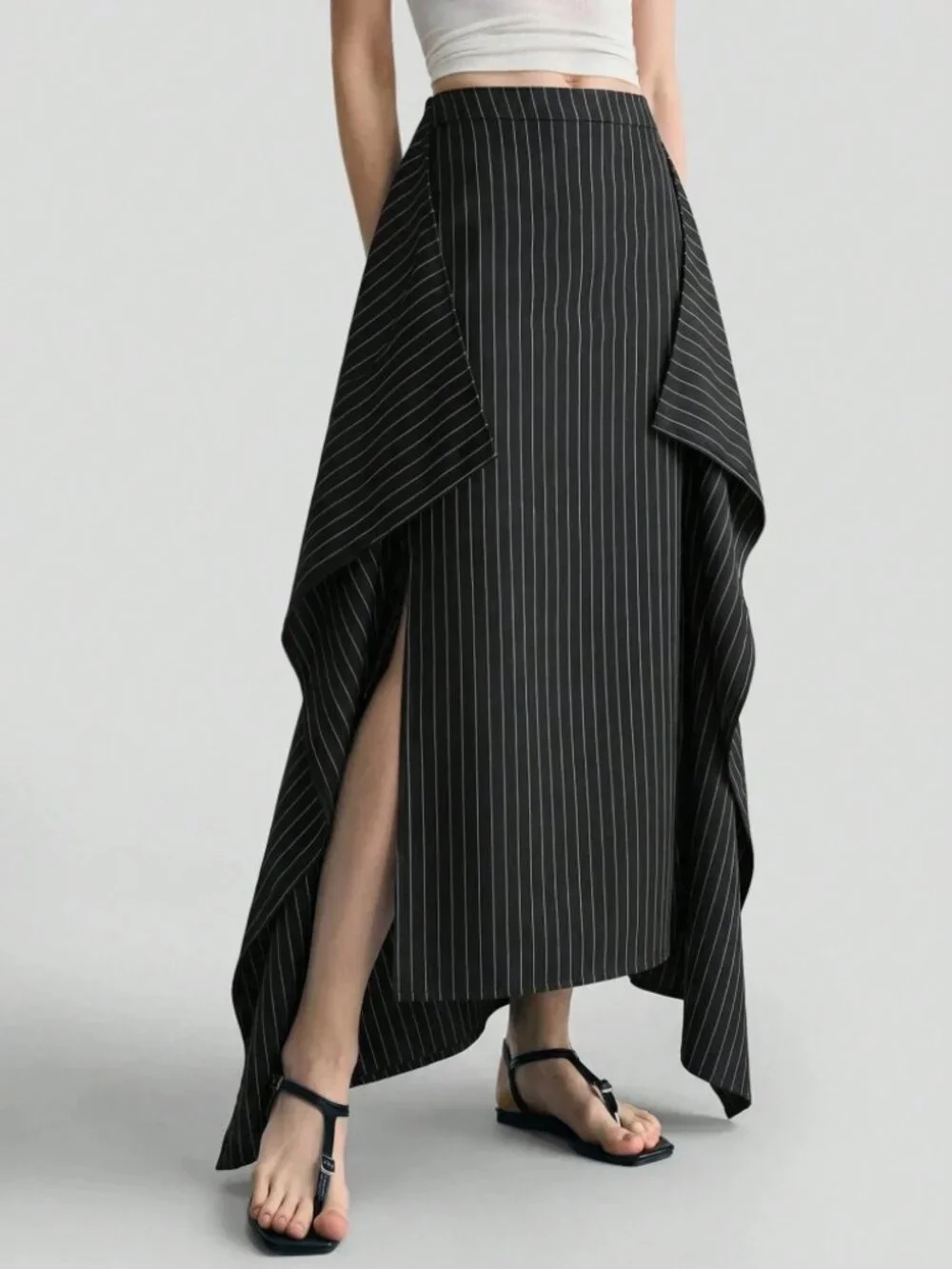 Black Pinstripe Asymmetric High-Slit Maxi Skirt